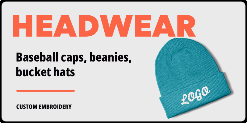 Custom embroidered headwear including caps, beanies and bucket hats in Toronto